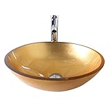 Homelava 現代　手洗い器　蛇口付き　洗面ボウル　洗面器　バスルーム　洗面台　洗面用　強化ガラス製　円形　排水金具付　ゴールデン