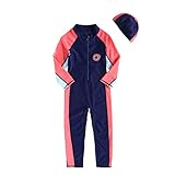 正規品 最新 女児水着 男児水着 三色 ラッシュガード キッズ水着 帽子付き水着 長袖 UPF50+素材使用 スイムキャップ付き (9T(120-130）, 紺)