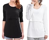 BEREAM マタニティ 授乳服 長袖 2枚組 Tシャツ トップス インナー シャツ 肌着 コットン シンプル 無地 ブラック ホワイト M L XL (L, ブラック×ホワイト)