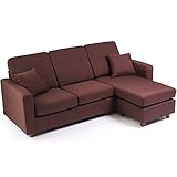 レイアウト自由 オットマン付き 天然木フレーム 3人掛け ファブリック コンパクト ソファ カウチソファ 幅183cm ダークブラウン