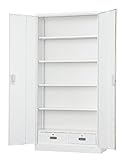 【HCB-TS36HDN】 キャビネット 書庫 収納 完成品 H1790タイプ 浅型 両開き書庫(引き出し付) 戸棚 書棚 【オフィス家具市場オリジナル:日本製】 W880×D380×H1790 ホワイトグレー