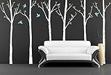 PopDecors Wall Decals & Stickers - Six Birch Trees with Birds (White Tree Blue Birds 102inch H) - Tr
