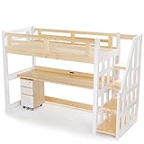 ロフトベッド デスク チェスト 木製 天然木 パイン材 階段 すのこ板 シングル ホワイト×ナチュラル