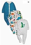 NEXT ネクスト ベビー 足つき ロンパース 恐竜 モノトーン 青 カバーオール 3枚組 肌着 ロンパース 綿 男の子 60 70 80 90 (9-12ｍ, 青) [並行輸入品]