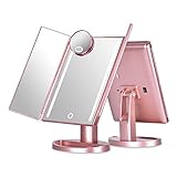化粧鏡 LED女優ミラー WUUDI 鏡 卓上 LED三面鏡 折りたたみ式 10倍拡大鏡付き 明るさ調節可能 無階 180度回転 USB/単三電池給電 プレゼント（ローズ金）