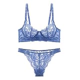 [Guoeappa] 魅力シースルーランジェリー レース ブラジャー ショーツセット セクシー パッド無し素肌に透け感 薄い 女性下着 レディース 上下セット(ブルー,75D)