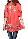 [アッシュランゲル] チュニック レディース 森ガール 刺繍 エスニック レトロブーム トップス シャツ ドルマン フレア袖 半袖 ゆったり Vネック 花柄 (レッド, Free)