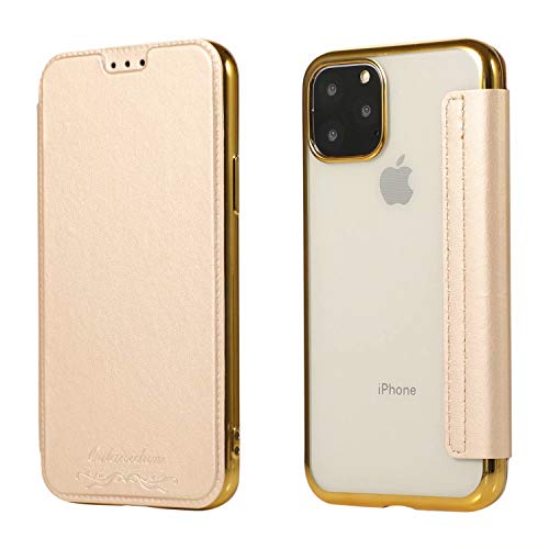 iPhone 11 Pro Max ケース 6.5 インチ 手帳型 カード収納 表面レザー 背面透明 クリア シリコン メッキ加工 全面保護 横開き カバー ワイヤレス充電対応 軽量 薄型 耐衝撃 アイフォン11プロ マックス 対応 (iPhone 11 Pro Max (6.5インチ), 金)