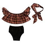 幼児用ガールズ無地オフショルダー伸縮性ファッションブラウス+ブリーフ+リボンカチューシャ3点服セット カラー: ブラウン