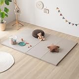 モダンデコ プレイマット 折りたたみ マット 極厚4cm のクッション性 防音マット お昼寝 PUレザー お手入れ簡単 120×160cm (グレージュ, レギュラーサイズ)