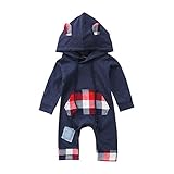 0-24M新生児幼児ベイビーボーイズ女の子フード付き長袖チェック柄ロンパースウィーツスーツパッチポケット付きポケットとボタンが脚にスナップ (90)