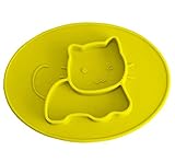 Kukeベビー食器　　ランチプレートランチ皿子供用　シリコンミニマットかわいい猫　キッズ食事マットウサギ　かわいい　離乳食　ぴったり吸着 丸洗い 滑り止め　イエロー