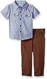 BON BEBE Baby Boys' 2 Piece Shortsleeve Collared Button Front Shirt with Woven Pant Engineered Strip