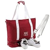 改良版 特大トートバッグ マザーズバッグ キャリーバッグ ショルダーバッグ ジムバッグ メンズ レディース 大容量 2層式 弁当・靴収納 A4サイズ キャンバス ポーチ付き 2WAY 軽量 人気 多機