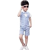 ViVaShop 男の子スーツ フォーマル シャツ パンツ 蝶ネクタイ ベスト付き 七五三 結婚式 4点セット ブルー 140cm