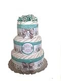 Classic Pastel Baby Shower Diaper Cake (3 Tier, Damask Teal) by Rubber Ducky