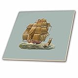 BLNヴィンテージNautical Illustrationsコレクション – Large Sailing Ship and a smallヨット帆with raised – タイル 4-Inch-C