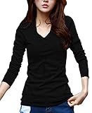 (ル・セリジエ) レディース 長袖 カットソー ロング Tシャツ Vネック きれいめ ライン カジュアル (ブラックL)