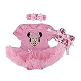 ベビー ワンピース風 ロンパース 半袖 3-6M 6-12M 60 70 80 おそろいの ヘアバンド付き 女児 795 (3-6M, ミニーピンク)