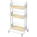 山善 ナチュラルトローリー ホワイト 幅48×奥行38×高さ91ｃｍ 木製棚板 キャスター頑丈仕様 3段 BNT-3(WH)