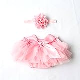Luyun ブルマのおむつカバーとヘッドバンドのセット ベビー 乳幼児 女の子用 コットン チュール ラッフル リボン付き カラー: ピンク