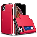 【SUMart】iPhone 12 用 ケース iPhone 12 Pro 用 ケース カード収納 スライド式 カードホルダー 耐衝撃 デュアルレイヤー ハイブリッド ウォレットケース ハード カバー (iPhone 12/12Pro 6.1インチ, レッド)
