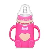 Benchmart ベビー哺乳びん プラスチック製 アニマル柄 240ml　ベア　シリコン哺乳びん　 (ローズ)