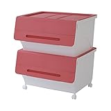 山善(YAMAZEN) オープンボックス フタ付き収納ボックス 2個組 深型 ワイド キャスター付き サンドピンク