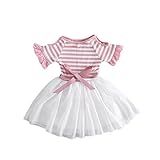 夏ベイビー服 女の子ワンピース Pojour 1-6歳キッズ用かわいいストライプドレス 子供ギフト 綿 通気 ピンク（100cm）