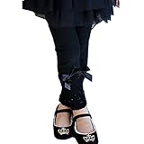TMM　ガールズ スパッツ タイツ レギンス ズボン 裏起毛 あったかい　リボン ガール 女の子 コットン 綿 秋冬 (140cm, ブラック)