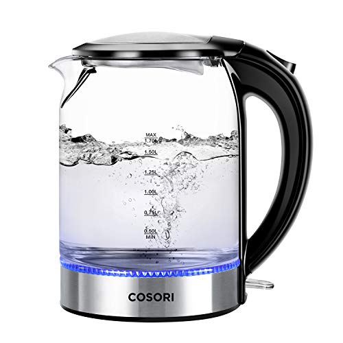 COSORI 1.7リットル 電気ケトル(BPAフリー)、コードレスガラスボイラー、コーヒーポット、水&amp;ティーヒーター LEDインジケーター付き、自動シャットオフ&amp;ボイル - ドライプロテクション、100% ステンレススチールの内側蓋&amp;底部、1500W、CO171-GK
