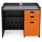 学習机 勉強机 引き出し3杯 コード穴付き 本棚 コンパクト 木製 キッズデスク 幅91.5cm ダークブラウン×オレンジ