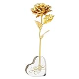 Pixnor 24K Gold Foil Artificial Rose Flower with Acrylic Heart Shaped Stand for Valentines Day Mothe