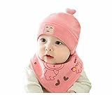 帽子＆ビブ 二点セット ベビー 赤ちゃん 幼児 可愛い ニット帽子 男女兼用 あったか 撮影用 記念撮影 三角ビブ よだれかけ ネックウォーマー (ピンク)