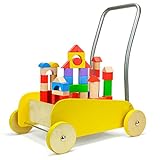AsToy 積み木付き手押し車 ベビーウォーカー 木製 幼児 つかまり立ち 歩行器 木のおもちゃ 屋内遊具 出産祝い(イエロー)