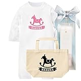 出産祝い 名前入り ギフトセット / 長袖 ロンパース & トートバッグ [GP391] 80cm [Rom]ホワイト×ピンク柄 出産祝い 誕生日 プレゼント おしゃれな 名入れ ギフト