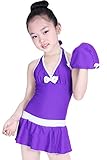 (トヨベイ)Toyobuy 可愛い 水着 ワンピース キッズ 女の子 スクール 子供 ジュニアスイムウエアレディース ビキニ 水着 キャップ付き 海水浴 温泉 スイミング ホルターネック パープル 5