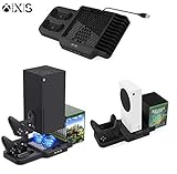 XboxシリーズX/S用の垂直冷却スタンド、11個のゲームストレージを備えたデュアルワイヤレスコントローラー充電ドッキングステーション、LEDインジケーター、XboxシリーズX / Sブラケットと互換性のある3つのUSBハブ