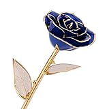 RealローズDipped in 24 Kゴールド、Forever Preserved Long Stem Rose withゴールデンリーフ、Perfect Gift Idea For Her ブル