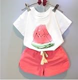 女の子の服装スーツ2016新しい夏少女の服スイカ柄プリント子供たちの服のtシャツ+赤いパンツの児童の服装
