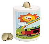 Nursery Piggy Bank by Ambesonne、マウスtransportingチーズby Train Rainbow Clouds Funny Sun and Birdies花、印刷セ
