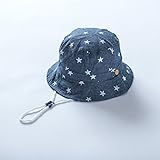 ツバメ--屋　ベビー用ハット つば広 赤ちゃんキャップ キッズ 帽子 子供サンバイザー フィッシャーマンハット 星柄 ジーンズ風 女の子 男の子 男女児 紫外線 UVカット (52, ダークブル-)