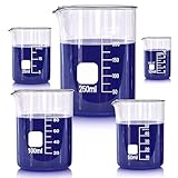 ガラスビーカーセット、5サイズ - 10ml、25ml、50ml、100ml、250ml、3.3ホウケイ酸ビーカー、研究室、教室、自宅用、グリフィンローフォームラボビーカー