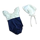 Spinas（スピナス） ベビー キッズ 水着 ワンピース 二段 フリル 襟 バイカラー 帽子付き 2点セット 90cm~150cm 全2色（ホワイト×ネイビー ピンク×パープル）