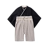 ALLAIBB 浴衣 袴 ロンパース 前開き カバーオール ベビー キッズ 和風 男の子 初節句 お食い初め 写真撮影 size 80 (ブラック)