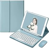 マウス付き Fire HD 10 Plus/HD 10 第11世代 2021年型 キーボードケース 丸型キー 可愛い カラーキーボード カラフル 10.1インチ タブレットFire HD 10 プラス 丸い 分離式 キーボード カバー (霧ブルー)