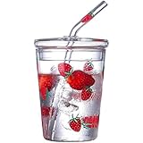 Vlwm透明ガラス グラス ストロベリー柄 飲料水 タンブラー コーヒー ミルク フタ付き ストロー ガラス 飲料水 (A)