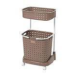 ランドリーバスケット/ランドリーラック 【2段/ブラウン】 幅45cm 深型タイプバスケット/キャスター付き 日本製
