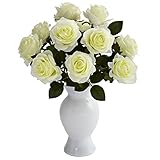 Nearly Natural 1351-WH Roses with Colored Glass Vase, White [並行輸入品]