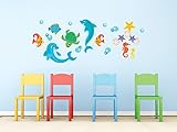 Dolphinファブリック壁デカール、under the seaテーマwith魚、海亀、海馬と、より、再利用可能な、再配置可能、2つサイズあり Jumbo 152L